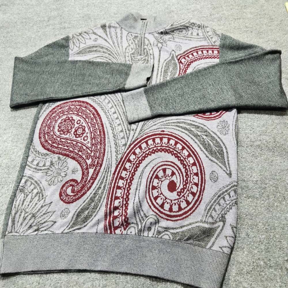 Royal Prestige Men's Gray Red Paisley Quarter Zip Pullover Sweater Size 2XL
